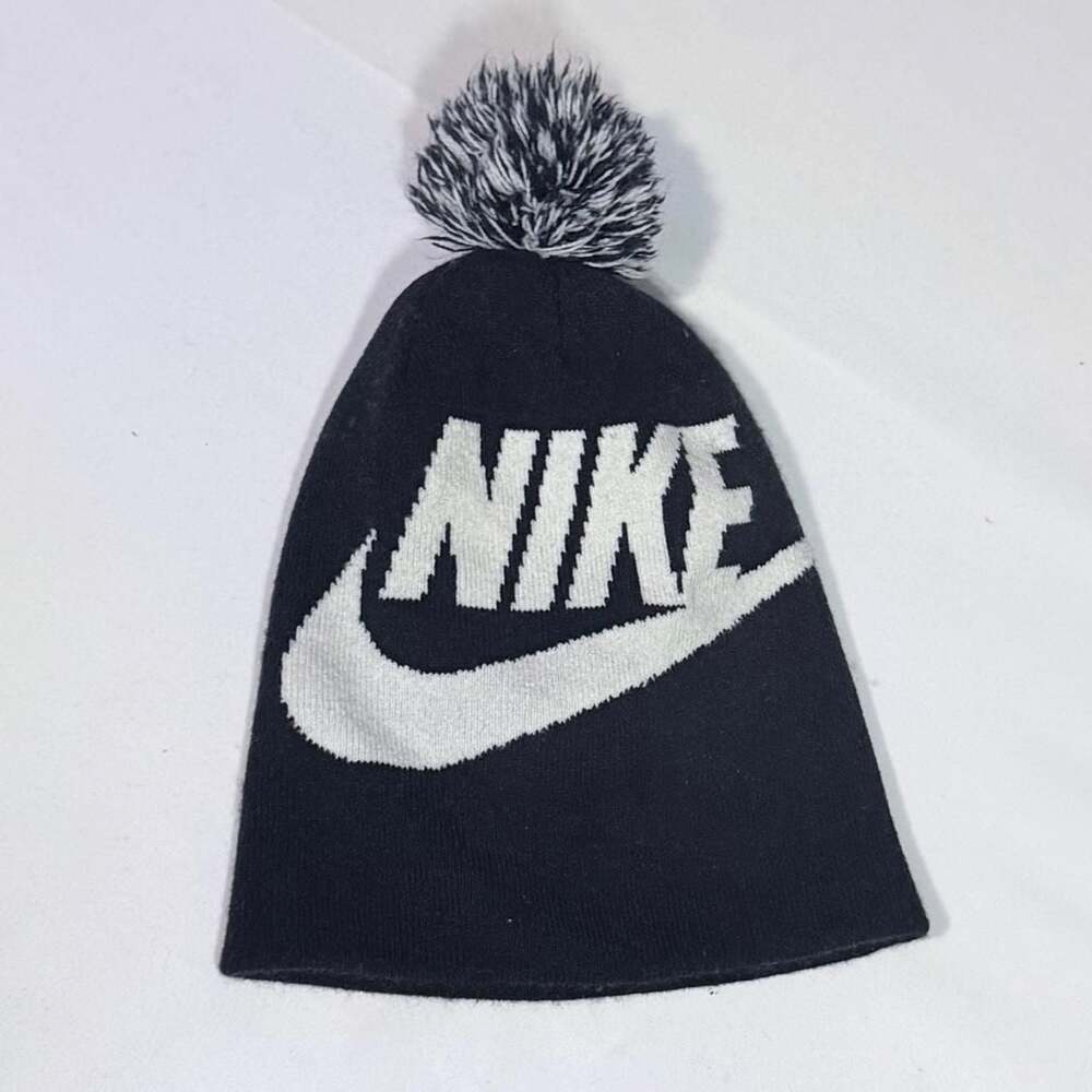Nike Knit Pom Beanie Hat Black and White Swoosh